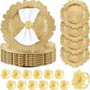 Dandat 100 Pcs Charger Plate Bulk 13'' Floral Reef Plates with Napkin Ring Plastic Dinner Charger Hollow Out Flower Napkin Holder Plastic Plate for Table Setting Wedding Party (Champagne Gold)