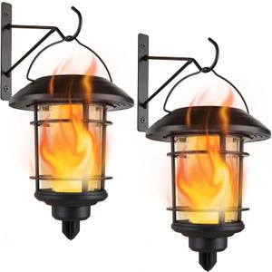 Dynaming Solar Flame Wall Lanterns, Outdoor Solar Wall Hanging Lights, Flickering Flame LED Lights Auto On/Off Wall Mounted Sconce Lights with Hooks, Waterproof for Garage Stair Patio Porch, 2 Pack