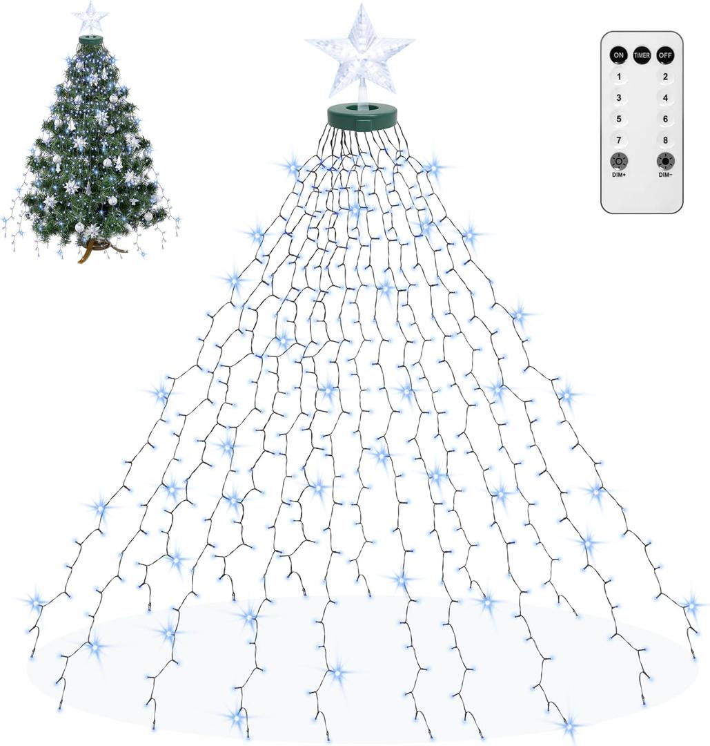 aneeway Christmas Tree Lights with Star Toppers, 410 LED Christmas Lights with 8 Modes & Memory Function, 6.6FT x 16 String Lights with Remote Control & Timing for Xmas Ornaments - Cold White