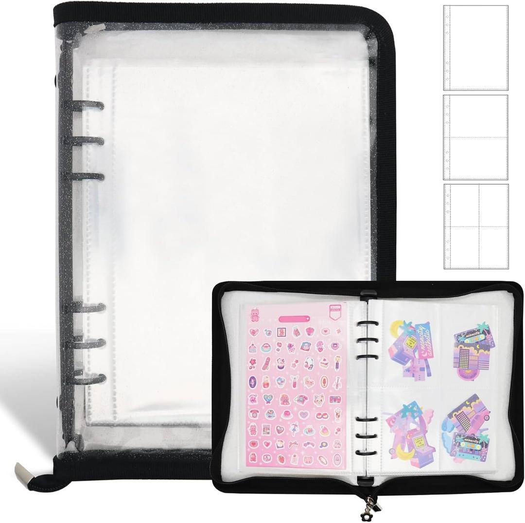 Sticker Storage Organizer Binder A5 Sticker Book Collecting Album Reusable Sticker Collection Book with Pocket Zipper Sticker Holder Keeper Book for Adult Collecting Sticker (black)