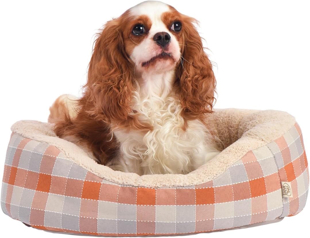 Dog Bed, Super Soft Calming Pet Bed with Pillow Edge, Suitable for Dogs Up to 25 lbs, 21'' x 17'', Orange and White