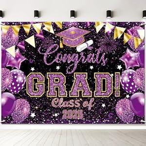 7 x 5 FT Graduation Backdrop - Extra Large Glittering Congrats Grad and Class of 2025 Banner Wall Hanging, Festive Photo Background Booth Prop for Indoor Outdoor Graduation Party Decorations (Purple)