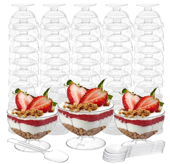 Hacaroa 50 Pack Plastic Dessert Cups Short Stem Cups with Spoons, 4 Oz Mini Parfait Appetizer Cup, Clear Disposable Ice Cream Bowls Mousse Cups for Party, Wedding, Picnic