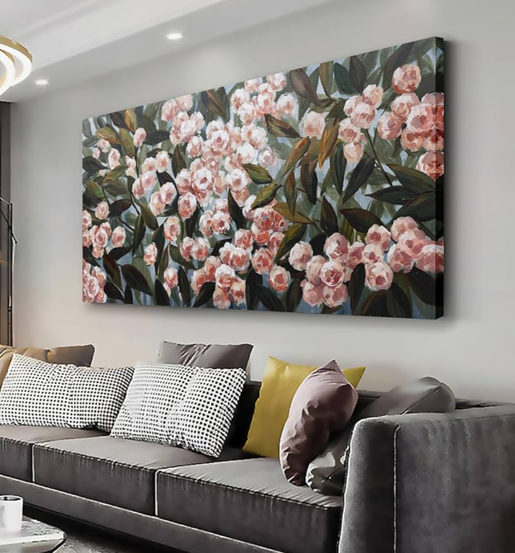 Floral Wall Art Red Flowers Green Leaves Flower Picture Vintage Wall Decor Abstract Canvas Painting Framed Artwork for Living Room Bedroom Office Home Decor 29x58 Inch