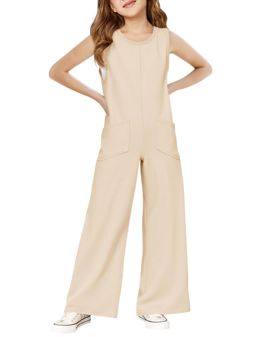 Haloumoning Girls Jumpsuits Kids Fashion Sleeveless Wide Leg Loose Romper with Pockets One Piece Summer Outfits