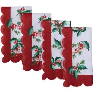 Newbridge Christmas Natures Poinsettia Scalloped Fabric Holiday Napkins, Holly, Berries and Evergreen Border with Red Trim, Set of 4 Reusable Cloth Napkins