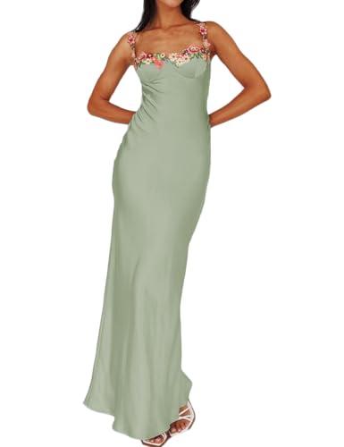 Sexy Satin Spaghetti Strap Floral Embroidered Maxi Dress for Women Sweetheart Neckline Backless Sleeveless Slit Midi Dress Sage L