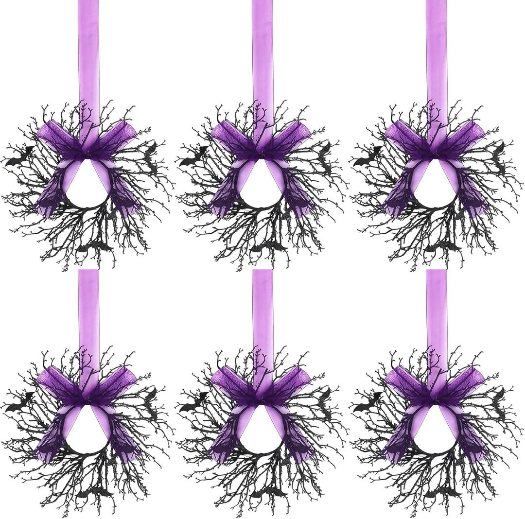 6 Pack Halloween Black Branch Wreaths, 9.8 Inch Handmade Horror Wreath for Front Door, Window, Cabinet Indoor Outdoor Decor with Ribbon