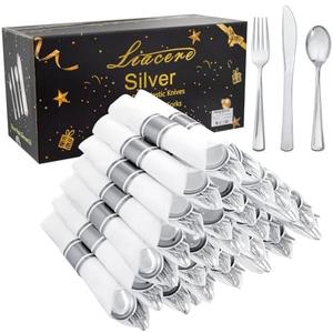 Liacere 100 Pack Silver Plastic Silverware-Pre Wrapped cutlery and Napkin-Pre Rolled Silverware Disposable 100 Forks, 100 Knives 100 Spoons, 100 Napkins Plastic Utensils＆Father's Day＆Independence Day