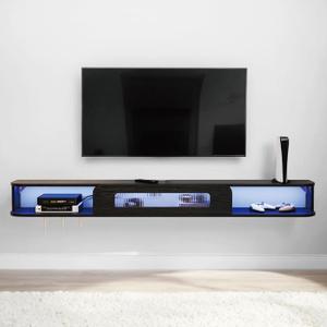 Floating TV Stand with LED Lights, 47'' Solid Wood Wall Mounted TV Cabinet with Glass Door, Mid-Century Entertainment Media Console Center Large Storage Shelf Under TV (47.24IN, Black)
