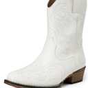 DREAM PAIRS Women's Cowboy Cowgirl Western Boots Embroidered Stitched Ankle Boots Square Toe Chunky Heel Fashion Short Booties with Zipper (10, White)