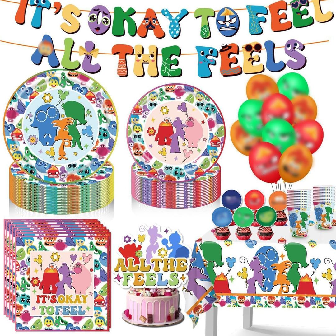 105pcs Inside Birthday Party Decorations Tableware Party Supplies Set include Banner, dinner Plates, Dessert Plates, Cups, Napkins, Balloons, Tablecloth, Cake Topper and Cupcake