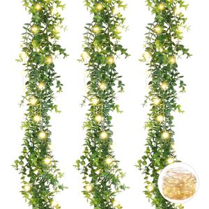 Artflower 3 Pack Artificial Eucalyptus Garland with Lights, 5.9Ft/pcs Faux Eucalyptus Vines Greenery Garland Fake Eucalyptus Plant for Wedding Backdrop Arch Wall Decor, Grey Green