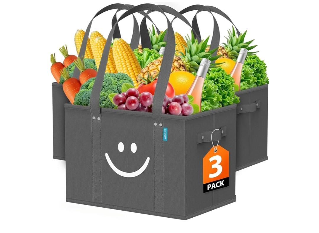 WISELIFE Reusable Grocery Bags 3 Pack - Collapsible Tote Shopping Bags with Sturdy Handles & Bottom to Stands Upright, Grey