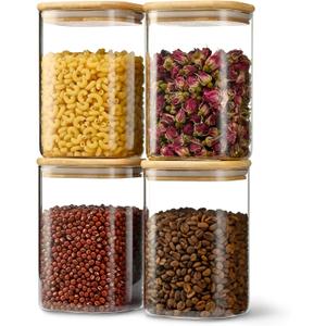 37oz Airtight Glass Square Storage Canister with Bamboo Lid Set of 4 (1100ml) Container Stackable Jar, Kitchen Canister for Pantry Noodles, Flour and Coffee beans (with Black Lable)