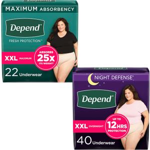 Adult Incontinence Underwear Bundle: Depend Fresh Protection Underwear for Women, Maximum, XXL, Blush, 22 Count and Depend Night Defense Underwear for Women, Overnight, XXL, Blush, 40 Count
