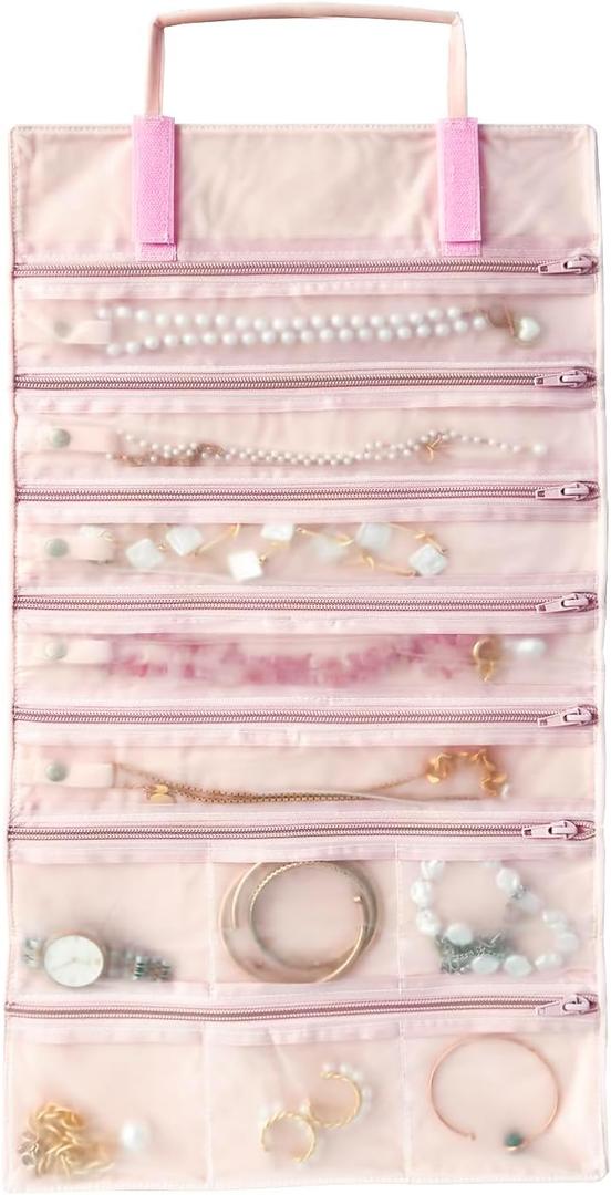 UnionPlus Velvet Travel Jewelry Case Roll Bag Organizer for Necklace Bracelet Earrings Ring, 11 Zipped Grids with Necklace Button, PVC Cover, Pink