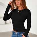 PRETTYGARDEN Womens Long Sleeve Shirts 2026 Fall Trendy Crewneck Slim Fit Asymmetrical Going Out Tops Ruched Tee Y2k Clothes (Black, L)