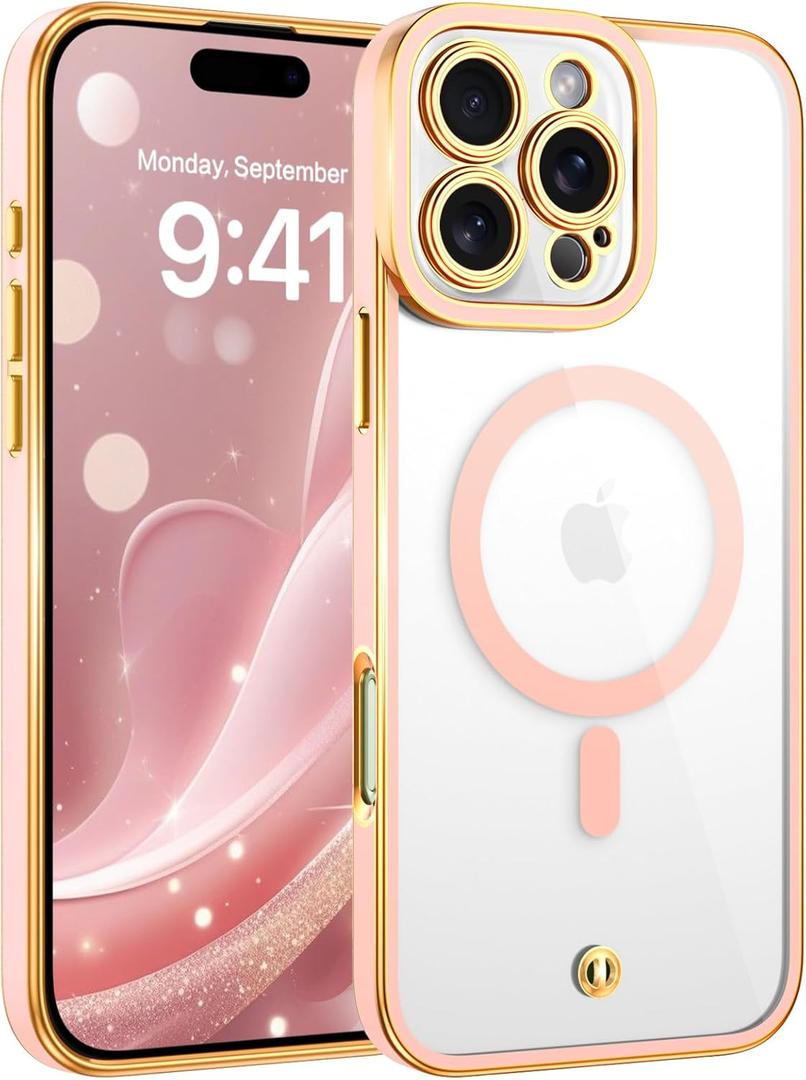 3 x BENTOBEN Magnetic for iPhone 16 Pro Max Case,Clear Electroplated Slim [Compatible with MagSafe] [Full Coverage Camera Protect] Shockproof Protective Phone Case for iPhone 16 Pro Max 6.9",Clear Pink
