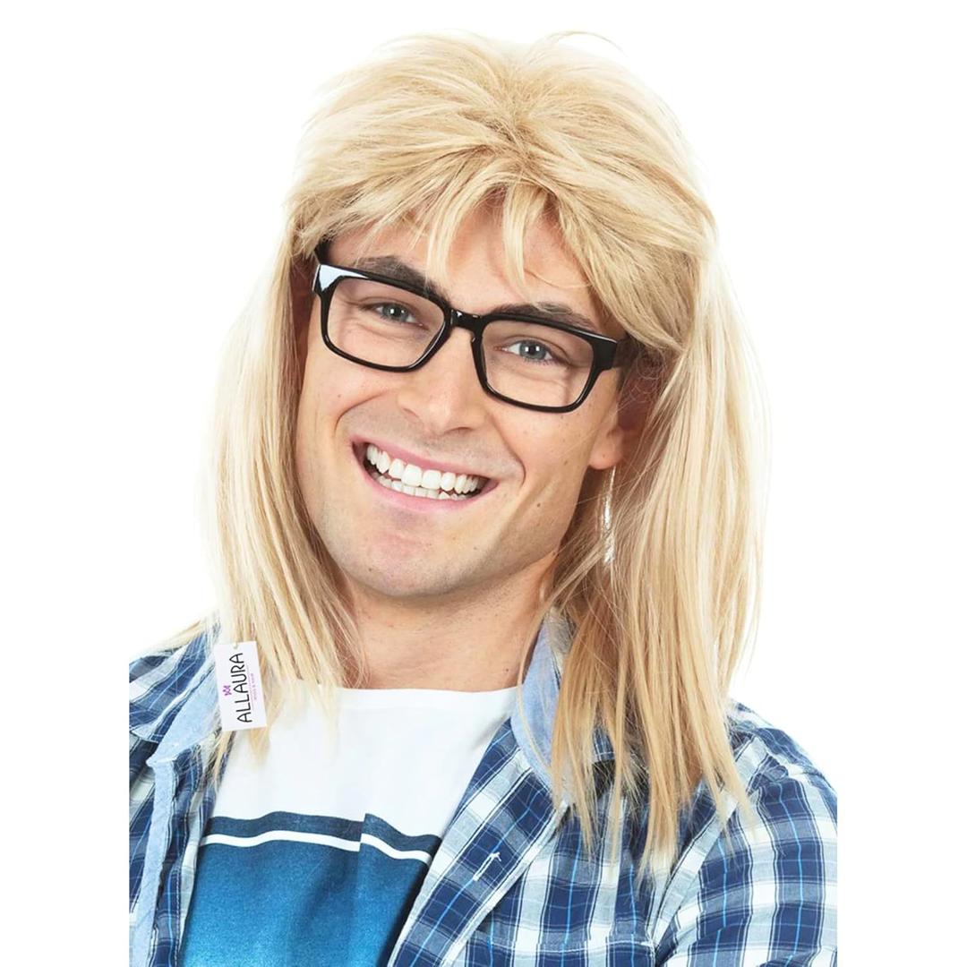 ALLAURA Compatible with Garth Wig  Blonde Mullet Wig + Black Glasses for Men  80s 90s Rocker, Punk, Heavy Metal Costume  Funny Halloween Couples Outfit, Party Cosplay, Garth & Wayne Duo Look