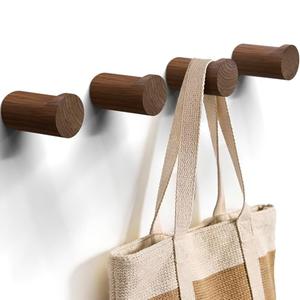 READAEER Walnut Wood Wall Hook 4 Pack, Natural Wooden Coat Hooks Wall Mounted, Hat Hooks Heavy Duty Entryway Wall Hangers for Hanging Towels, Clothes and Bags