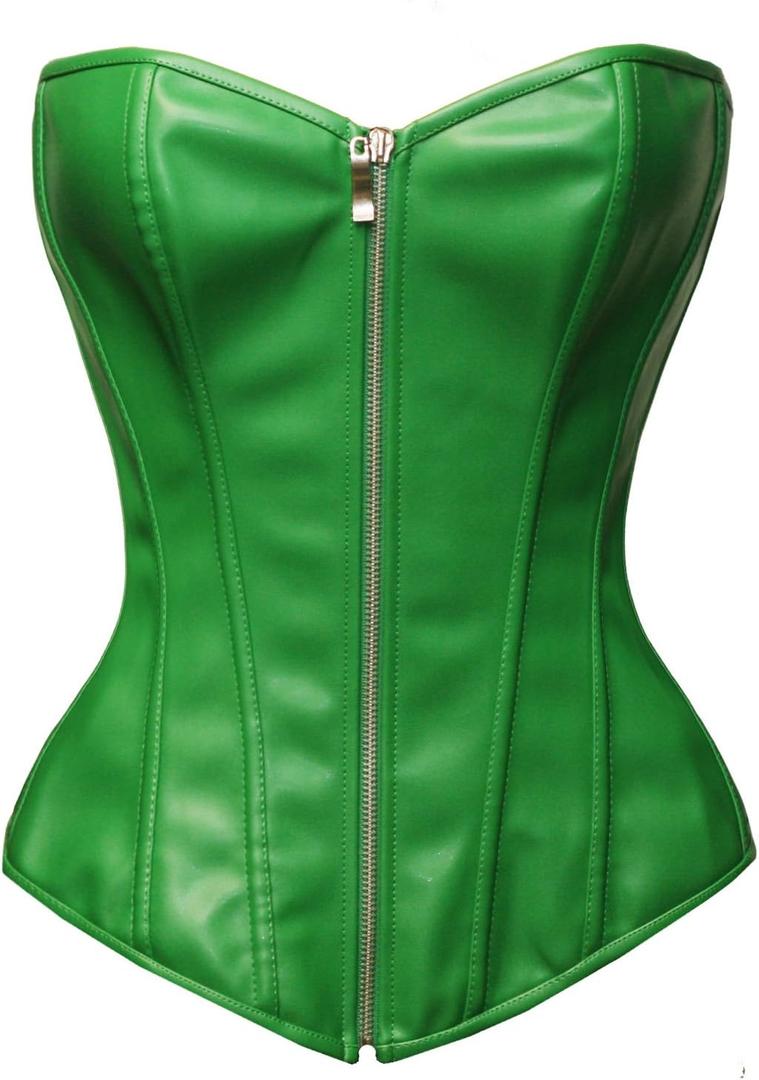 Bslingerie® Womens Faux Leather Zipper Front Bustier Corset Top (XL, Green)