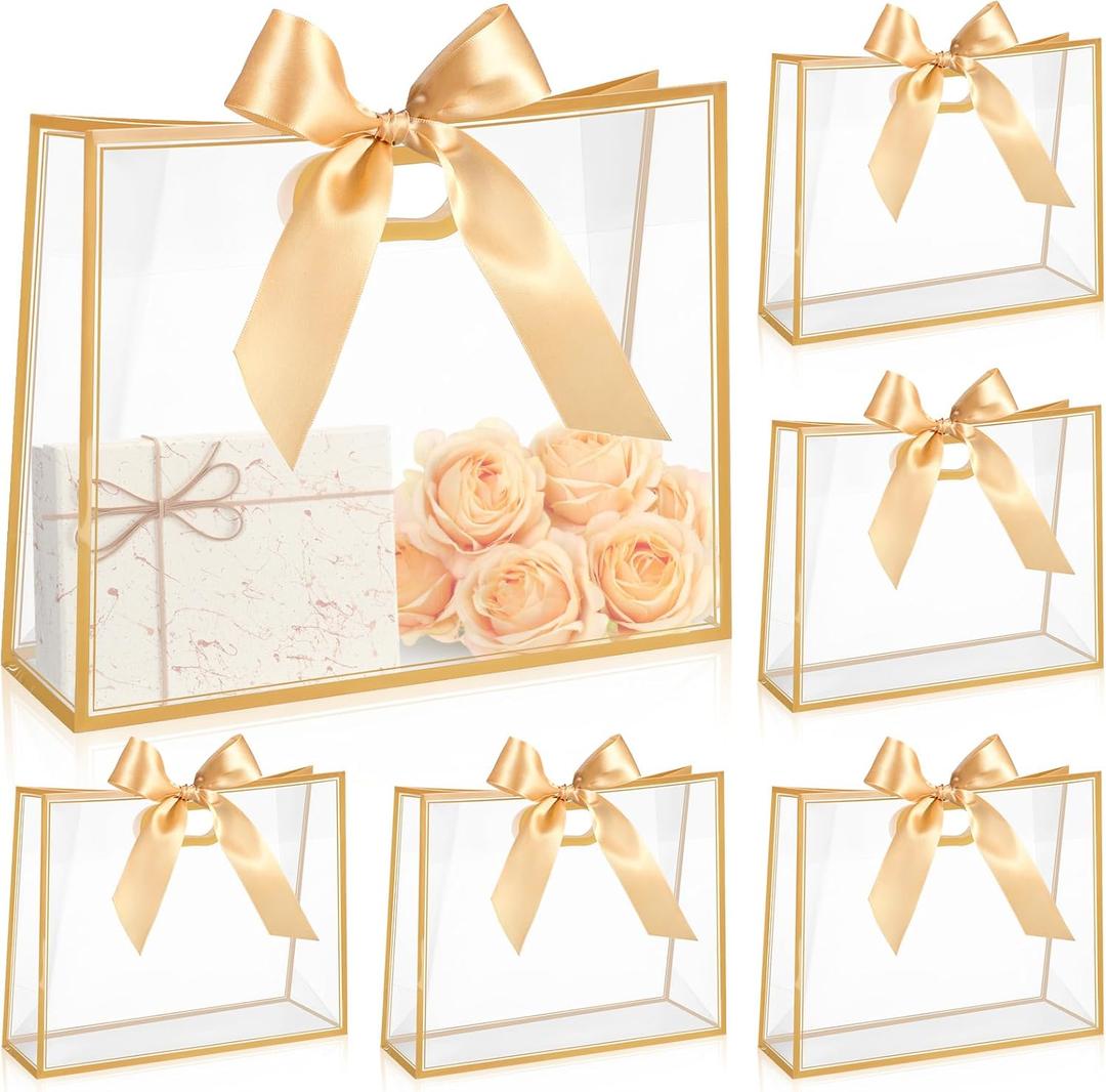 Aliceset 12 Pcs Clear Plastic Gift Bags with Die Cut Handles Reusable Party Favor Bags with Ribbon for Mother's Day Wedding Graduation Bridal Shower Baby Shower, 12 x 10 x 5''(Gold)