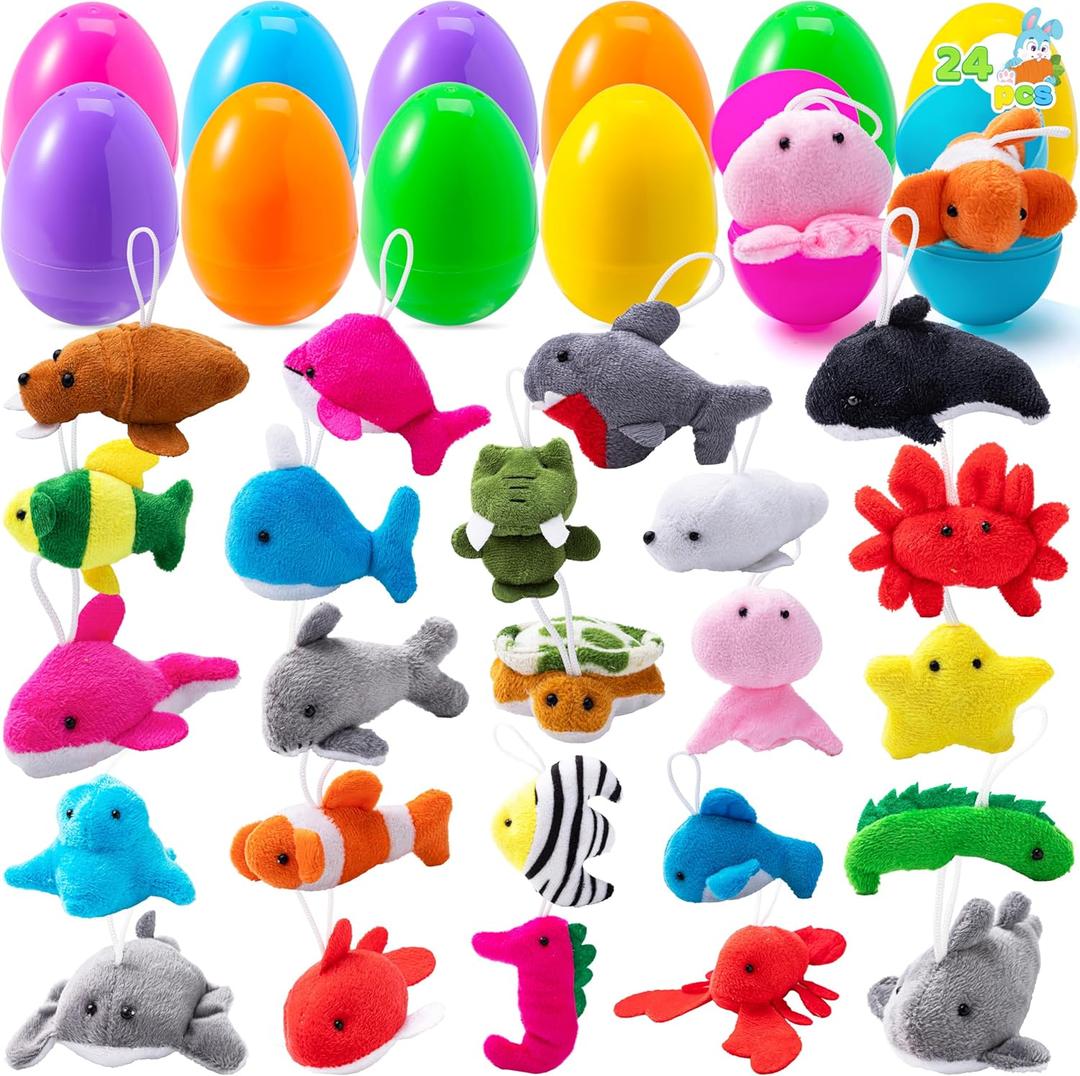 JOYIN 24 Pcs Prefilled Easter Eggs with Sea Animal Plush Toy Set, Mini Ocean Toys Creatures Stuffed Keychain for Kids Egg Hunt, Easter Basket Stuffers, Party Favor