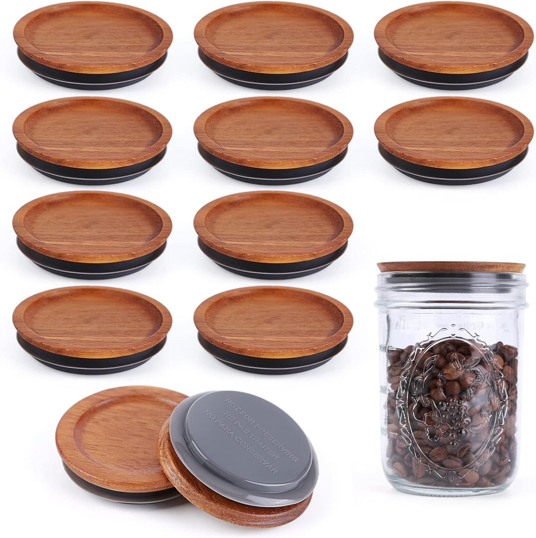 12Pack Wide Mouth Mason Jar Lids Acacia Wooden Storage Canning Jar Lids Ball Jars Bamboo Wooden Lids with Airtight Silicone Seal, Brown