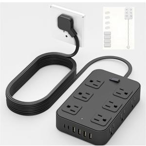Power Strip Flat Plug,5Ft Flat Extension Cord, Multi Plug Wall Outlet with 4 USB-A,2 USB-C and 8 AC Outlets,Charging Station for Home,Dorm,Office (Black, 12AC) 2 pcs