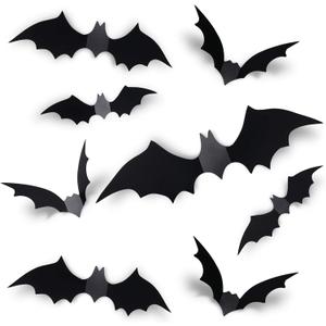Coogam 60PCS Halloween Bats Decoration, 4 Different Sizes Realistic PVC Black 3D Scary Bat Sticker for Home Decor DIY Wall Decal Bathroom Indoor Hallowmas Party Supplies