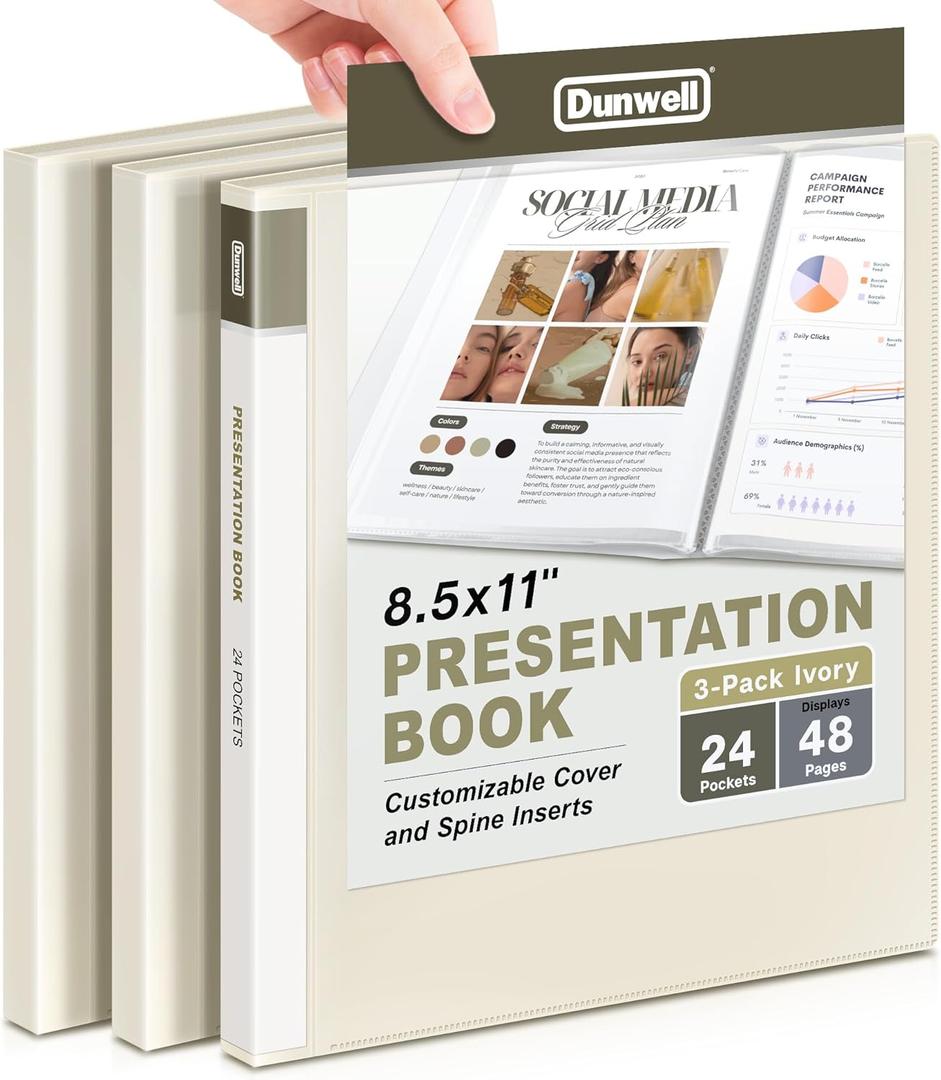 Dunwell Presentation Binder 24-Pocket, Displays 48 Pages, 8.5x11 Portfolio Binder with Plastic Sleeves, Storage and Organizer for Documents, Certificates, Projects, Photos (3 Pack, Ivory)
