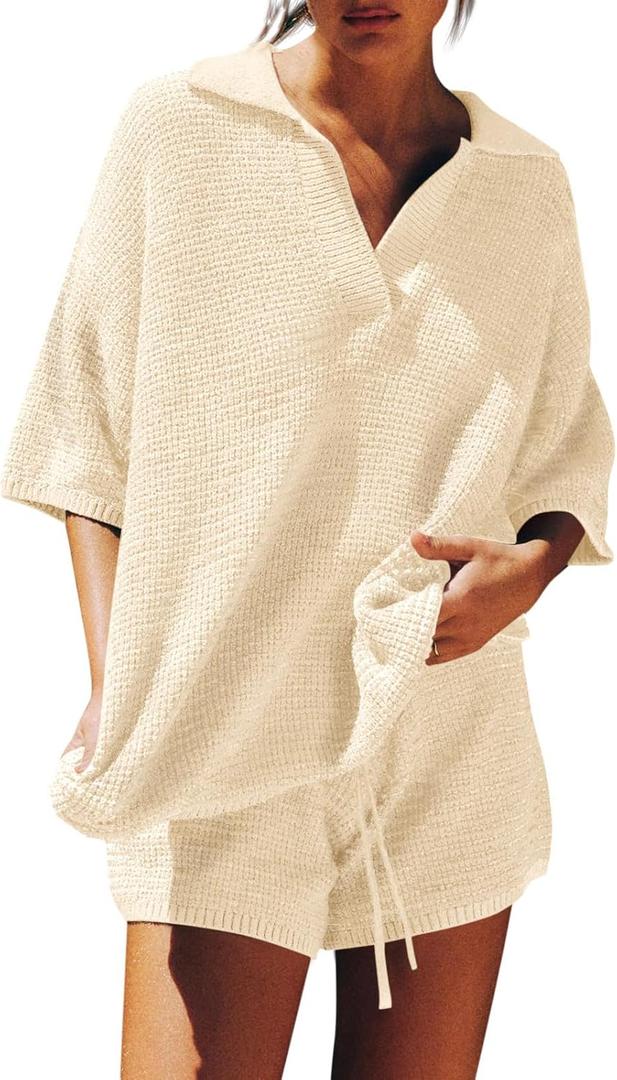Tankaneo Womens Sweater Set 2 Piece Outfits Oversized 3/4 Sleeve V Neck Knit Tops High Waisted Shorts Lounge Sets (X-Large, Pure Beige)