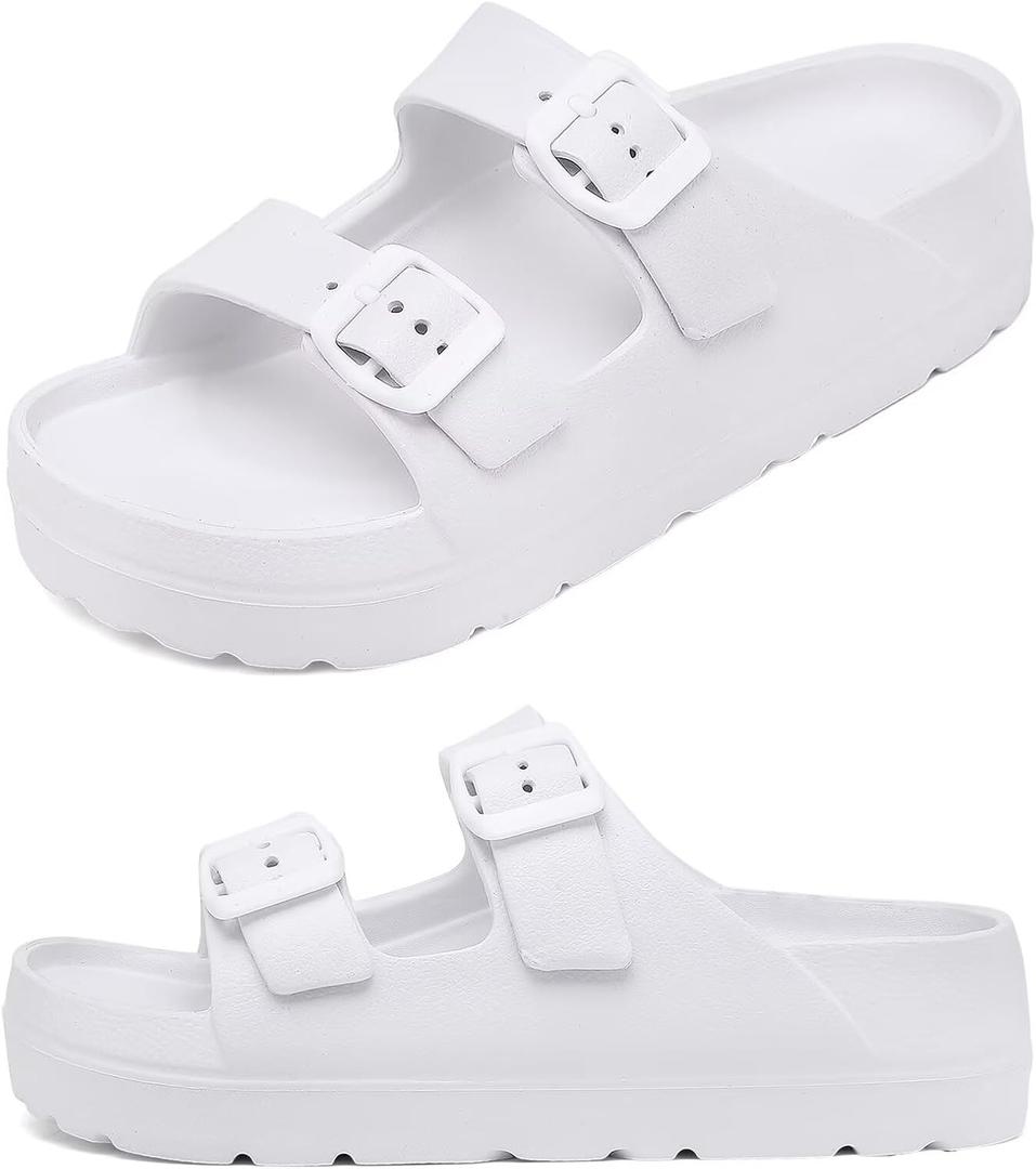 Womens Platform Sandals with Arch Support, Adjustable Buckle Beach Sandal Woman Comfort Lightweight Ultra Cushion EVA Slides (8, Double Buckle-white)