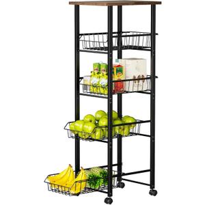 Delamu Fruit Vegetable Basket for Kitchen, 5 Tier Kitchen Organizer and Storage Cart with Wheels, Slide-Out Baskets and Wood Top, Rolling Pantry Storage cart for Produce Snack, W11.8xD16.45xH42.44 in