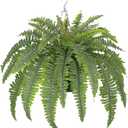 Hollyone 33" Artificial Boston Fern Hanging Basket Large 39 Leaves Fake Ferns in Rattan Pot Greenery Plants for Outdoors & Indoor Faux Fern Bush Basket Plant Patio Garden Home Decor Dusty Green