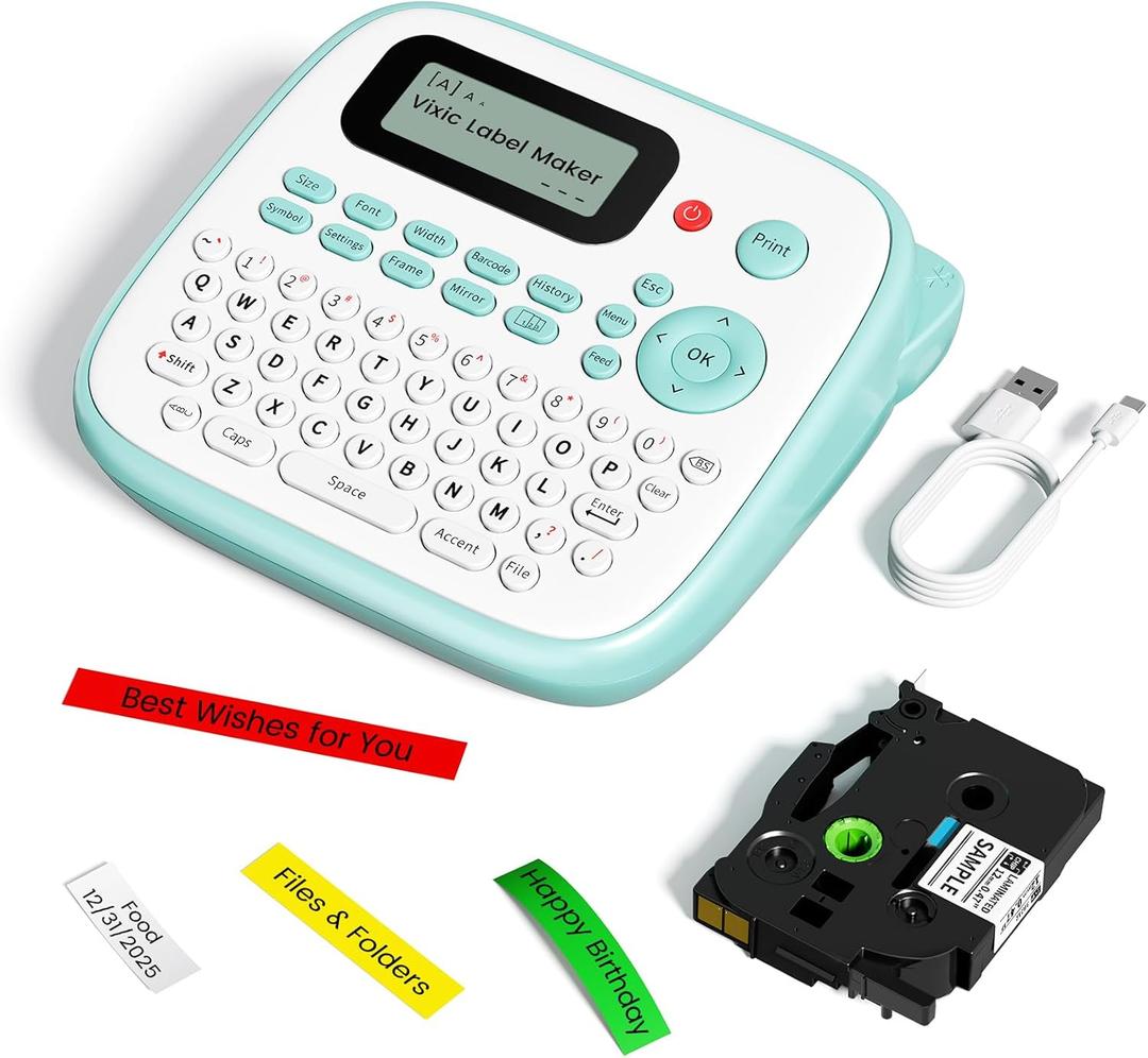Vixic Label Makers-2025 D210S Portable Label Maker Machine with Different Fonts, Type-C for Power Labeling, QWERTY Keyboard Labeler, 600+Symbols, Easy Label Printer for Home Office School Kids, Green