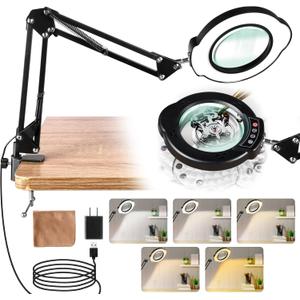 10X Magnifying Glass with Light and Stand, LED Desk Lamp with Clamp, 5 Color Mode, 10 Dimmable Levels, Hands Free for Reading Crafts Jewelry Sewing Close Work (Black)