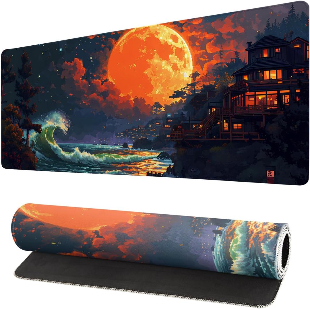 Gaming Mouse Pad Desk Pad,Extended Big Mouse Pad,31.5x11.8 Inch Long Computer Keyboard Mouse Mat Mousepad with 3mm Non-Slip Base and Stitched Edge for Gaming and Office (Oil Painting)