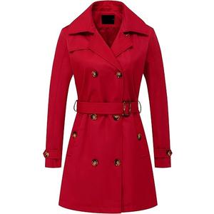 Chrisuno Women's Double Breasted Trench Coats Mid-Length Belted Overcoat Long Dress Jacket with Detachable Hood, Red, Size: 2XL
