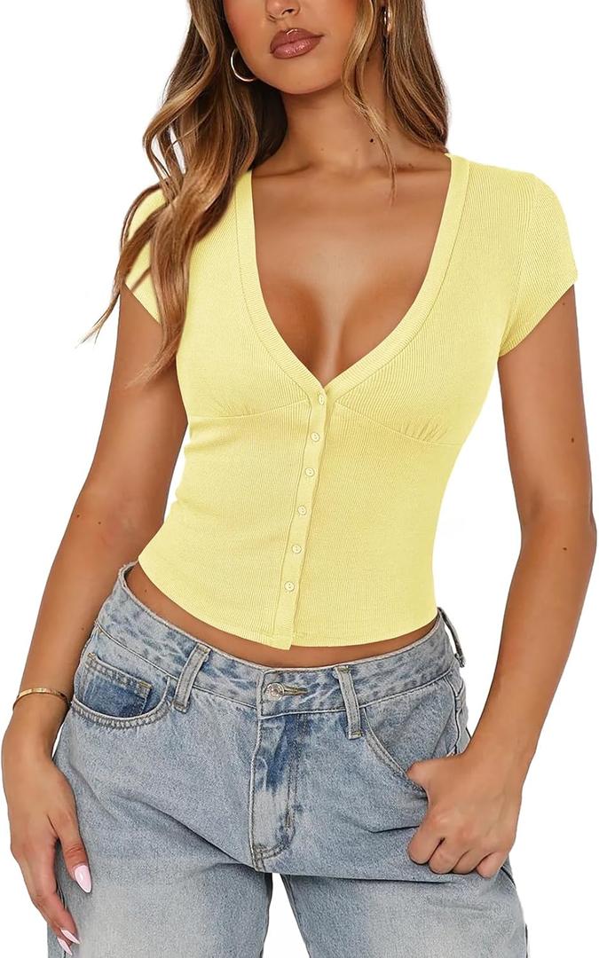 Women's Ribbed Button Down Shirt Cap Sleeve Tops for Women Button Up Knit Slim Fit Casual Y2K Crop Going Out Top (Yellow, S)