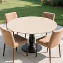 Round Fitted Tablecloth with Elastic Edge, Flannel Backed Vinyl Tablecloths, Wipeable Waterproof Plastic Table Cloth Fits 57" - 65" Round Table for Dining, Camping, Indoor and Outdoor, Beige