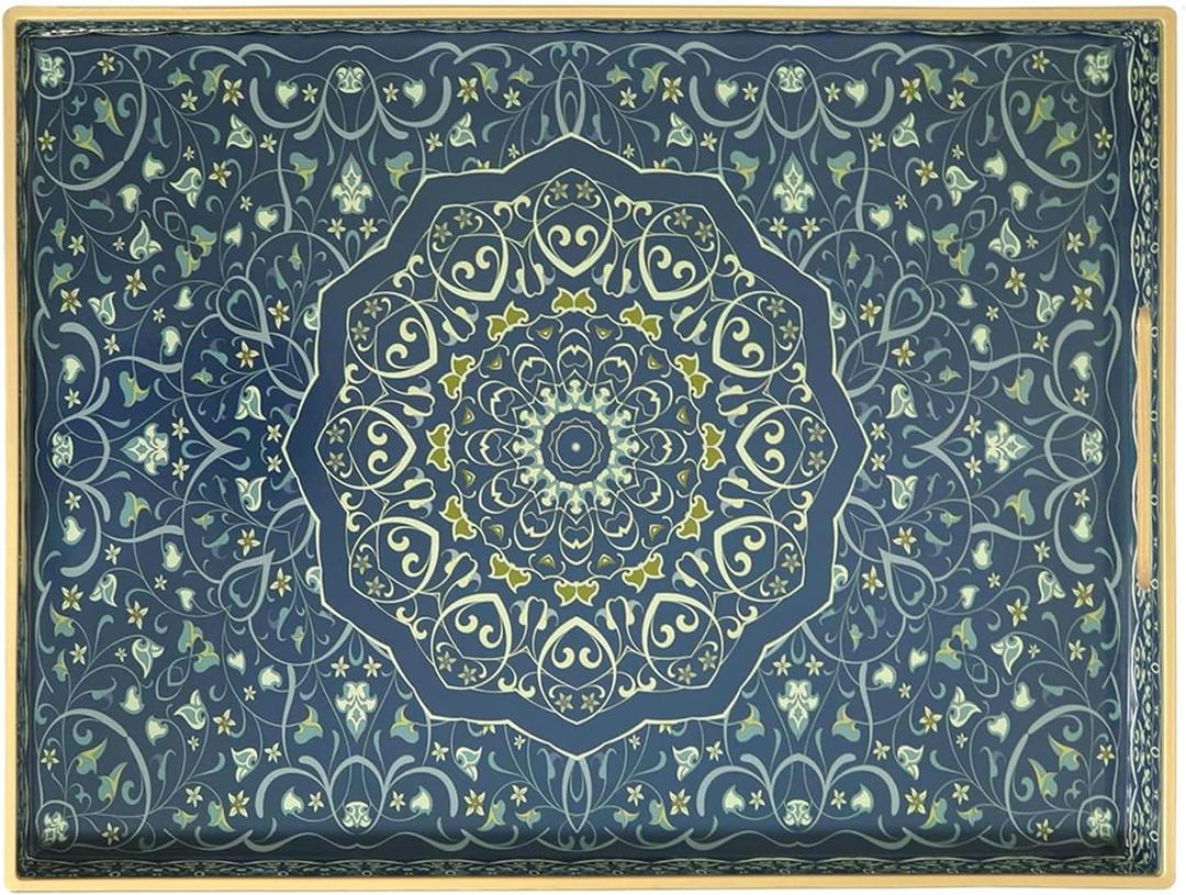 Decorative Tray, Blue Serving Tray with Handles, Ottoman Trays, Plastic Coffee Table Tray for Living Room, Bathroom, Kitchen, Decor, 15.7*11.8