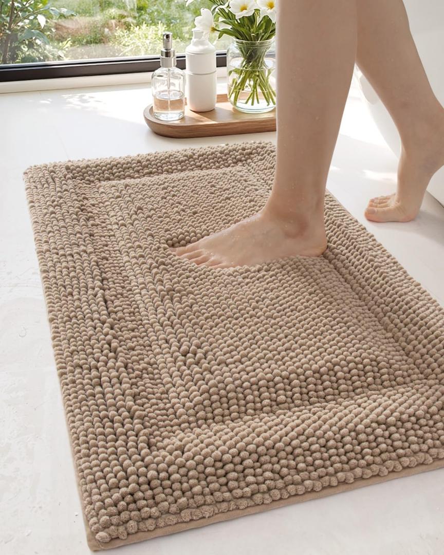 DEXI Bathroom Rug Chenille Mat 20x32, Soft Absorbent Washable Rugs, Non Slip Shaggy Carpet Bathmat for Shower Floor, Tub, Sink, Bath Accessories Decor, Beige (1'8" x 2'8" (Rectangular))