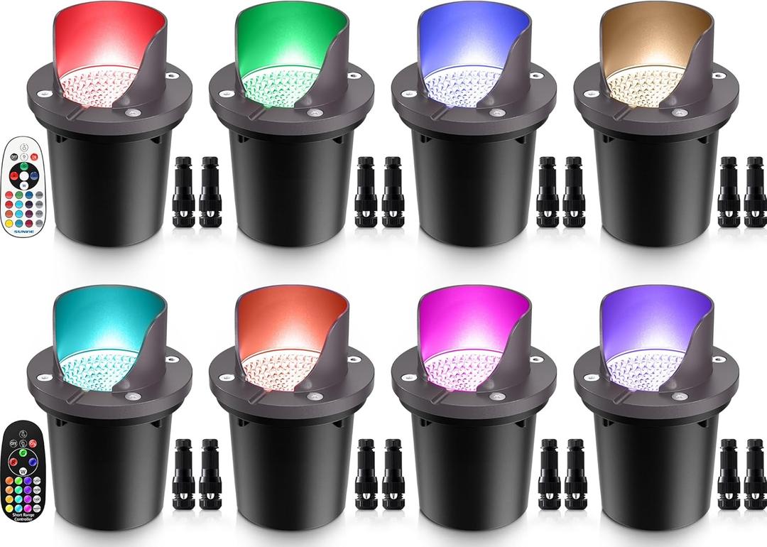 SUNVIE RGBW Low Voltage Landscape Lighting Color Changing 12W Waterproof Well Lights Landscape LED In Ground 12-24V Dimmable Paver Lights with Connectors for Pathway Garden Yard Fence Deck, 8 Pack