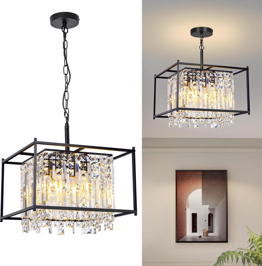 Modern Black Crystal Chandeliers, 16" Dining Room Chandelier, Adjustable Height,Luxury Ceiling Pendant Light Fixture for Entryway Foyer Kitchen Island Bedroom Living Room Hallway