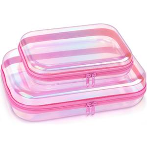 Clear Hard Shell Zipper Case,Makeup Bag,Iridescent Toiletry Bag,2pcs Large Capacity Water-resistant Toiletries Bag,Portable Travel Organizer and Storage,Bathroom Clear Cosmetic Case for Women
