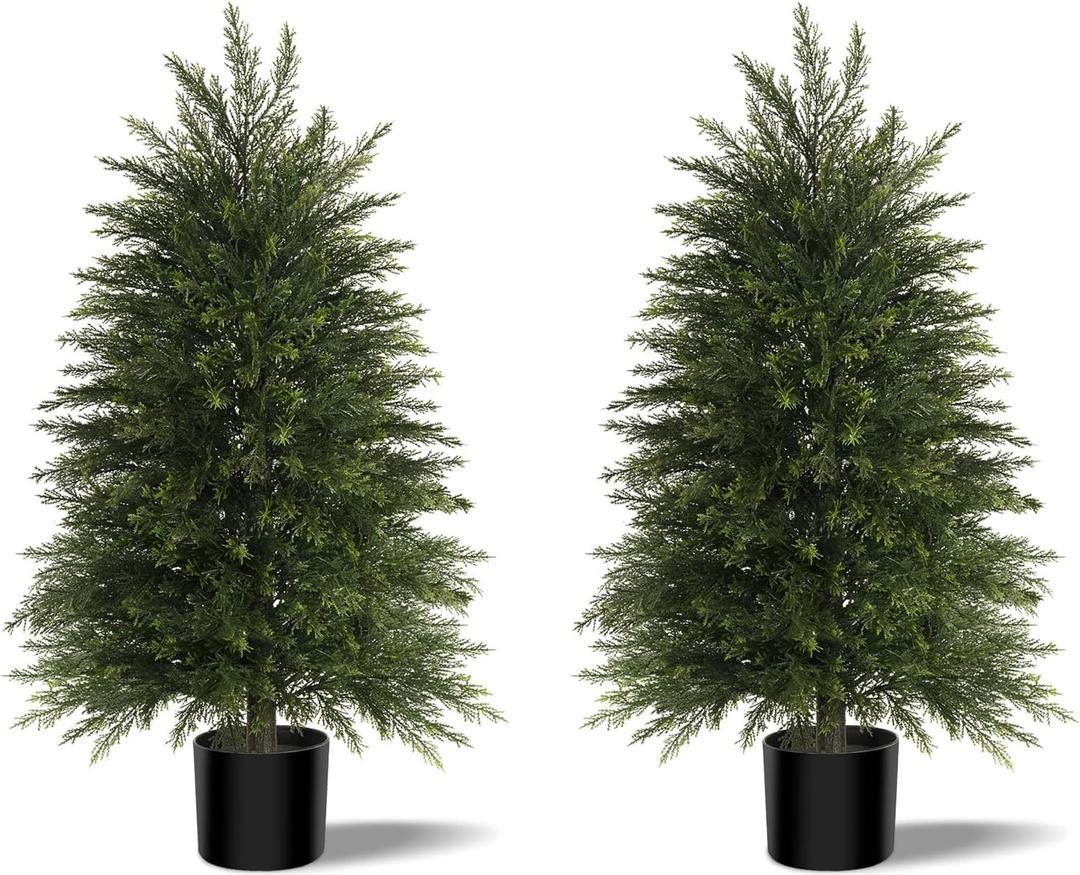 3FT Artificial Cedar Trees Set of 2, Realistic Faux Evergreen Topiary Bushes Plants, Outdoor Potted Fake Cypress Shrubs for Front Porch Garden Home Living Room Decor