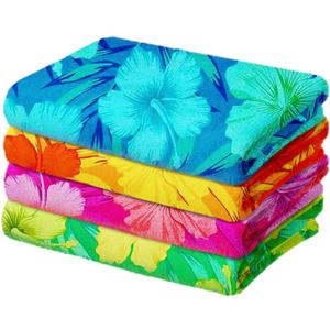 Kaufman - Colorful Hibiscus Beach Towels | 100% Cotton with Ends Hemmed | 30" x 60" | Colorful Soft & Absorbent Pool Towels for Adults and Kids | Fiber Reactive | 4 Pack