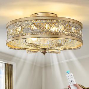 Gold Caged Ceiling Fan with Lights 19 Inch Vintage Crystal Fandelier Enclosed Bladeless Ceiling Fan with Remote Flush Mount Low Profile Ceiling Fan for Bedroom Living Room Kitchen, Small